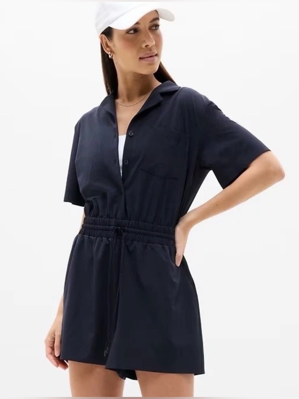 Athleta Brooklyn Utility Romper Navy L Short Sleeve Stretch Travel One Piece